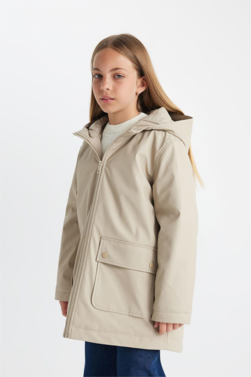 Young Girls - Teen Girls Beige Girl Waterproof Hooded Raincoat