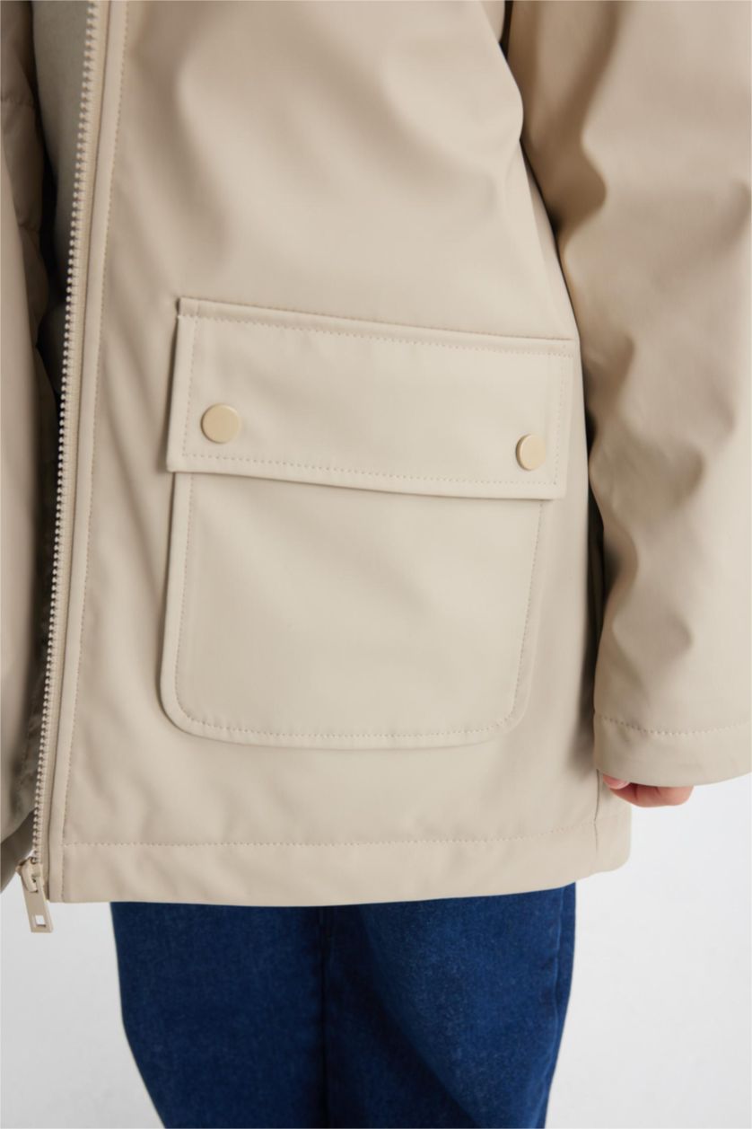 Young Girls - Teen Girls Beige Girl Waterproof Hooded Raincoat