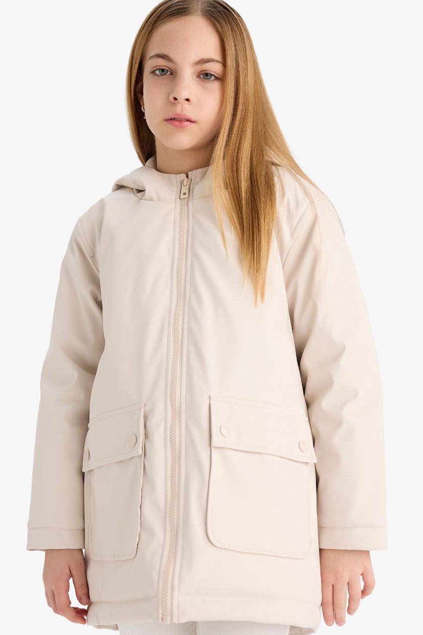 Kız Çocuk - Genç Kız Bej Su İtici Kapüşonlu Fermuarlı Yağmurluk Kız Çocuk