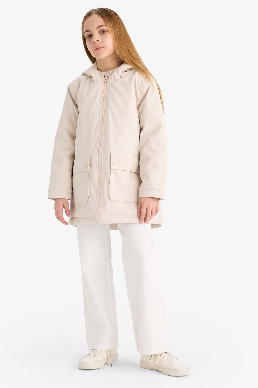 Kız Çocuk - Genç Kız Bej Su İtici Kapüşonlu Fermuarlı Yağmurluk Kız Çocuk