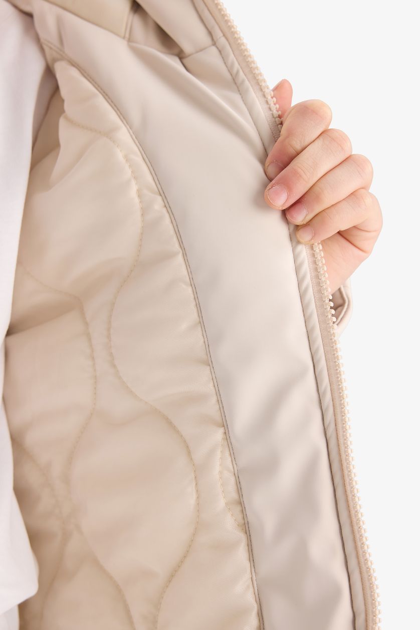 Kız Çocuk - Genç Kız Bej Su İtici Kapüşonlu Fermuarlı Yağmurluk Kız Çocuk