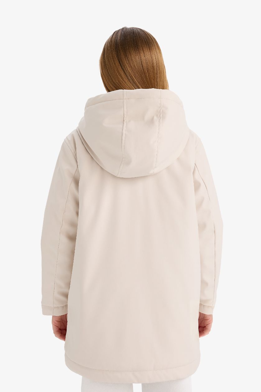 Kız Çocuk - Genç Kız Bej Su İtici Kapüşonlu Fermuarlı Yağmurluk Kız Çocuk