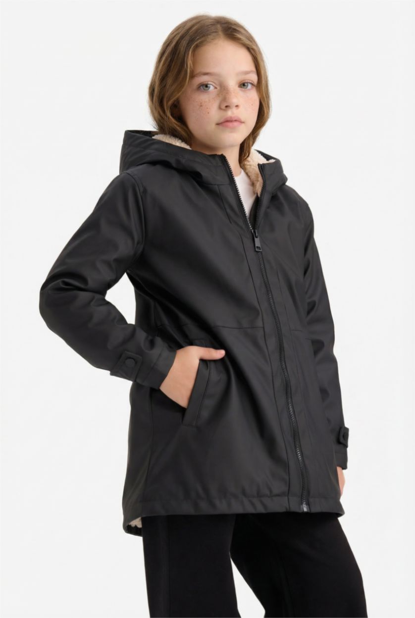GIRLS & TEENS Black Girl Waterproof Hooded Rain Jacket