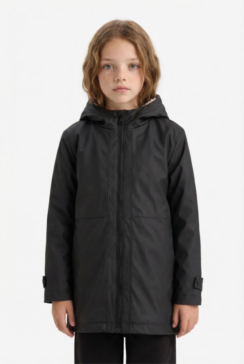 GIRLS & TEENS Black Girl Waterproof Hooded Rain Jacket