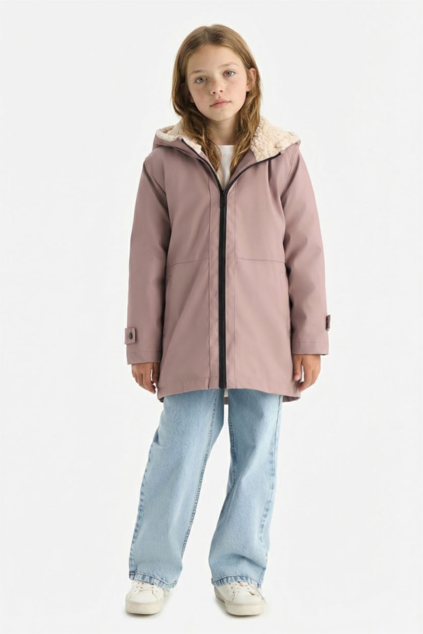 Kız Çocuk - Genç Kız Gülkurusu Su İtici Kapüşonlu Fermuarlı Yağmurluk Kız Çocuk