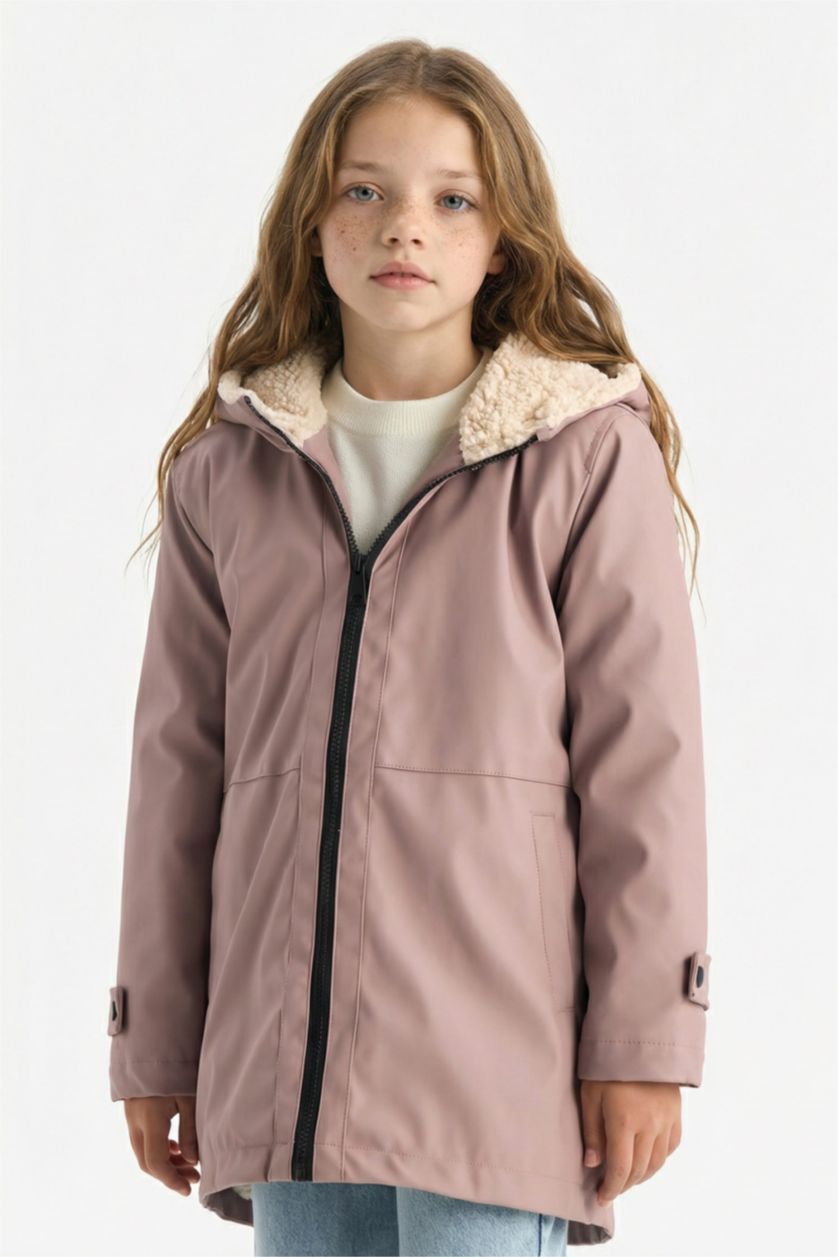 Kız Çocuk - Genç Kız Gülkurusu Su İtici Kapüşonlu Fermuarlı Yağmurluk Kız Çocuk