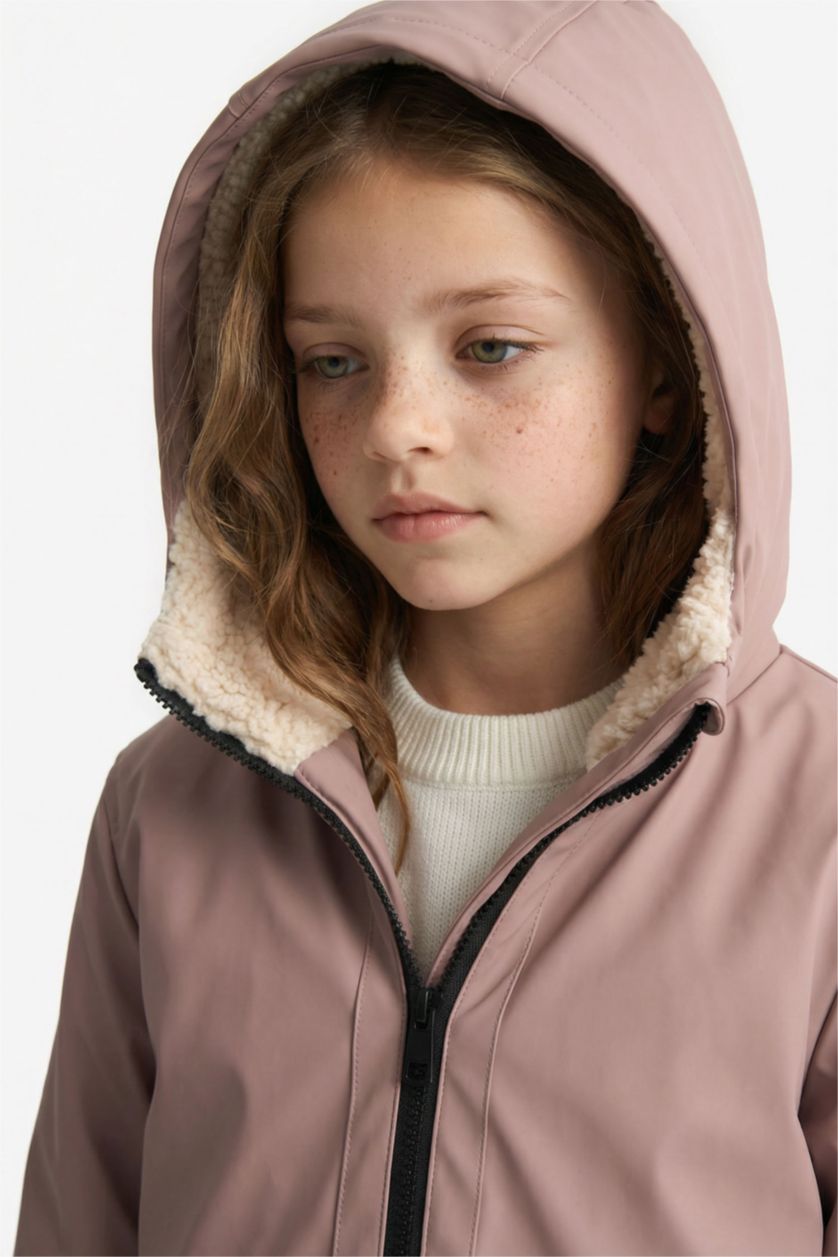 Kız Çocuk - Genç Kız Gülkurusu Su İtici Kapüşonlu Fermuarlı Yağmurluk Kız Çocuk