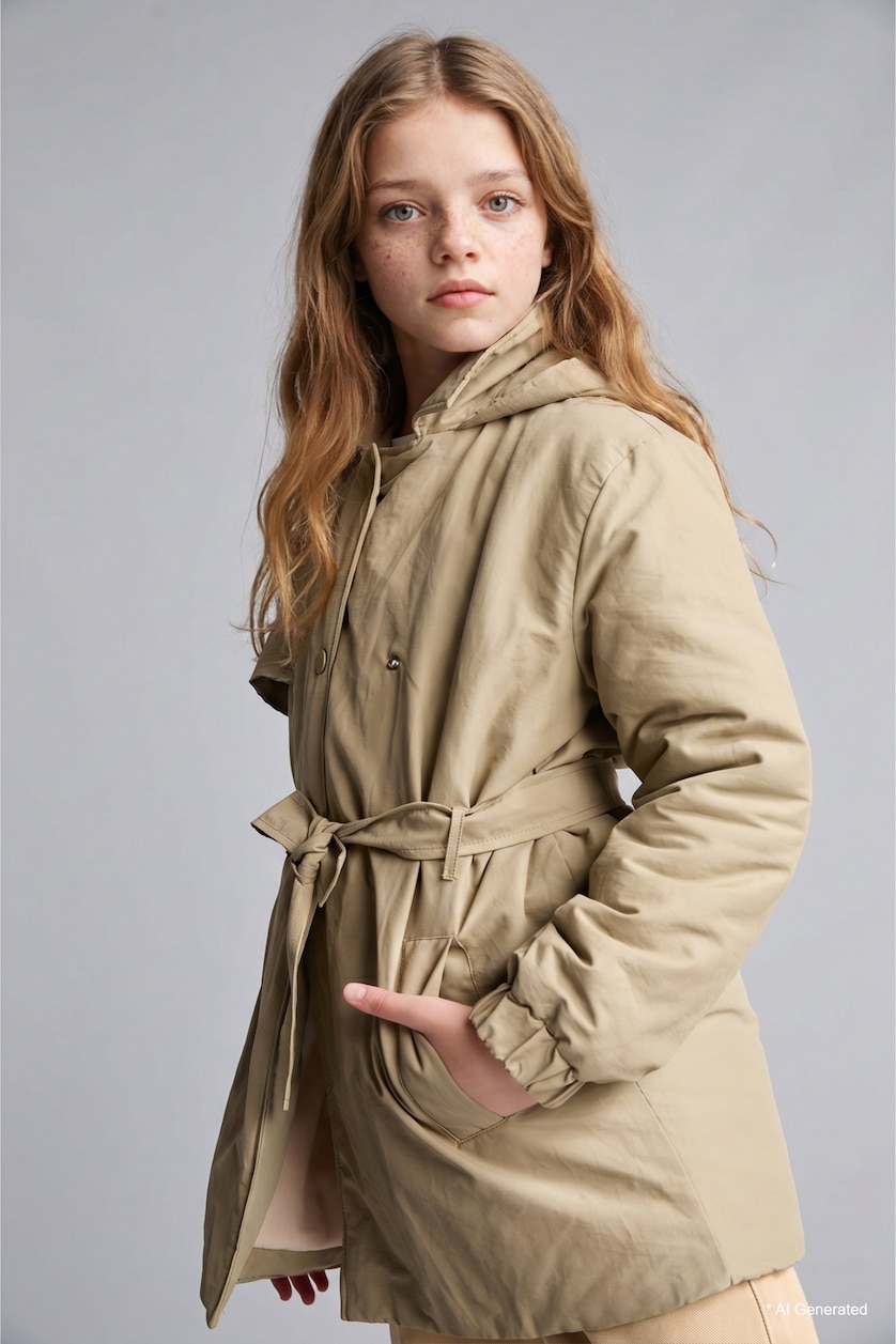 VAJZA & ADOLESHENTE Light Khaki Girl Warm Hooded Raincoat