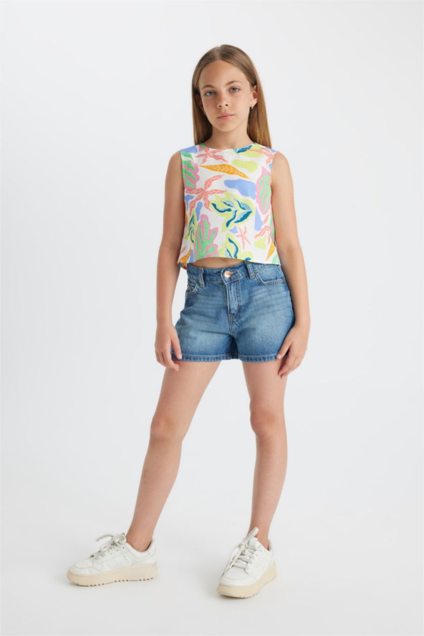 Kız Çocuk - Genç Kız Pembe Desenli Kolsuz Bluz Kız Çocuk