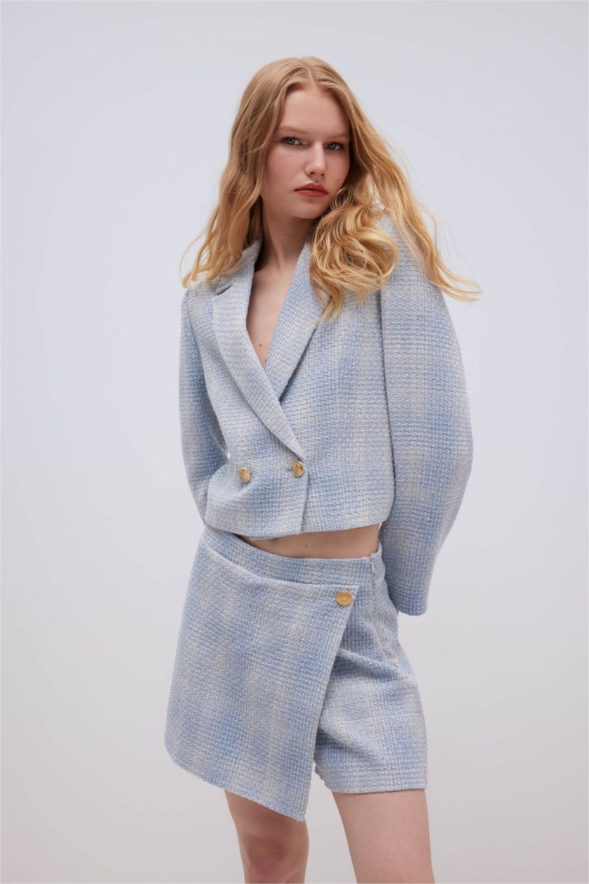 FEMME Bleu Veste Blazer courte en tweed à col à revers