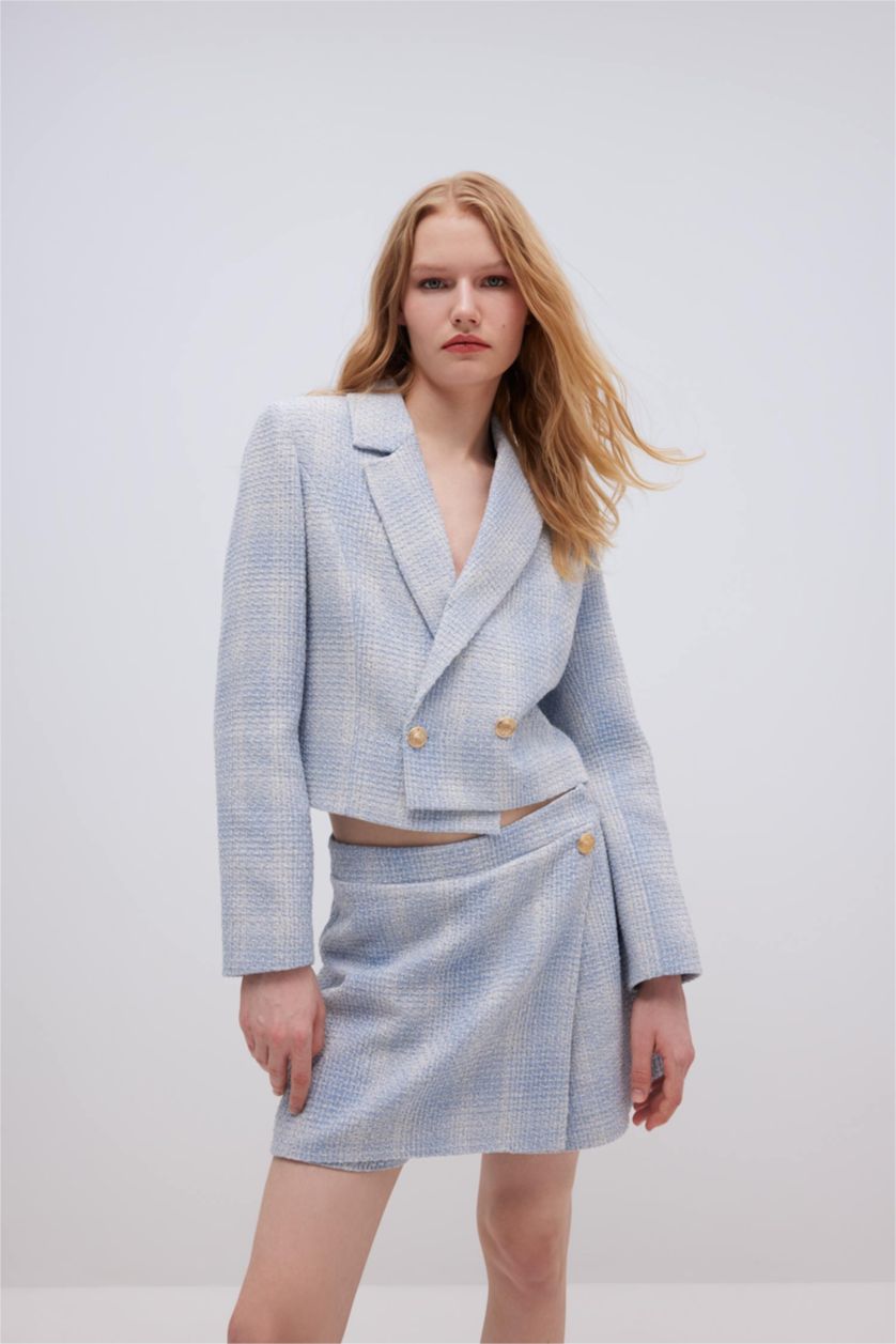 FEMME Bleu Veste Blazer courte en tweed à col à revers