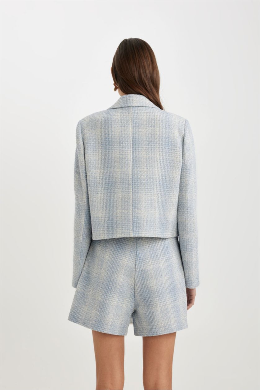 FEMME Bleu Veste Blazer courte en tweed à col à revers