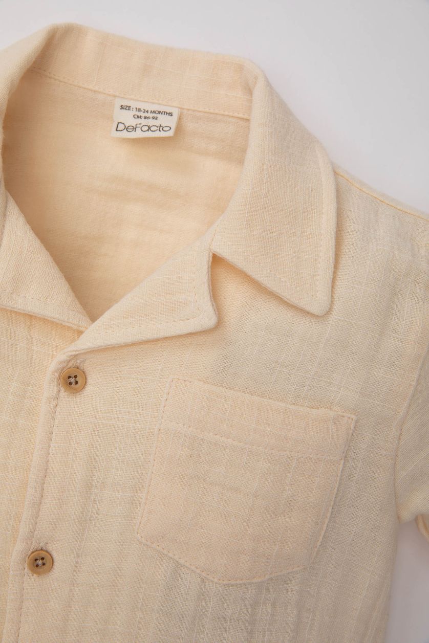 Baby Boy Ecru Baby Boy Open Collar Muslin Short Sleeve Shirt