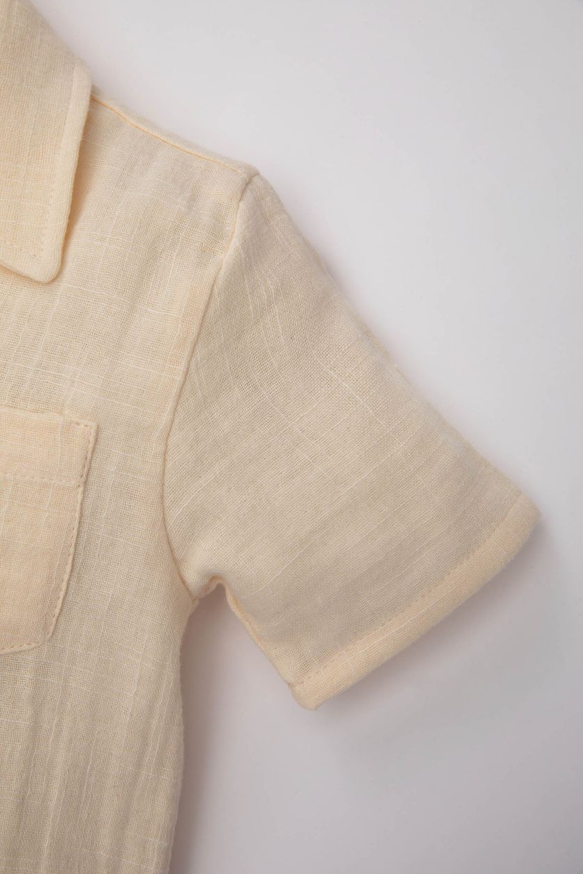 Baby Boy Ecru Baby Boy Open Collar Muslin Short Sleeve Shirt
