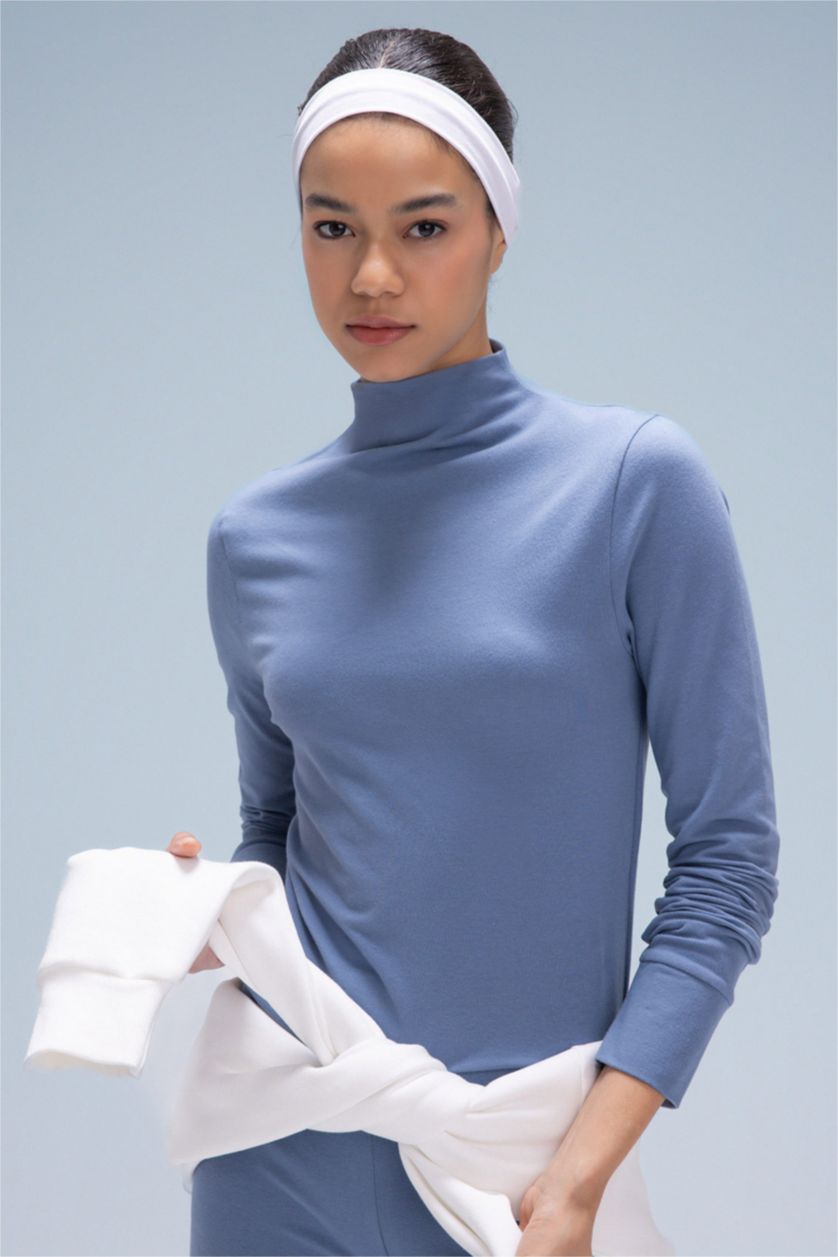 Woman Blue DeFactoFit Slim Fit High Collar Long Sleeve T-Shirt