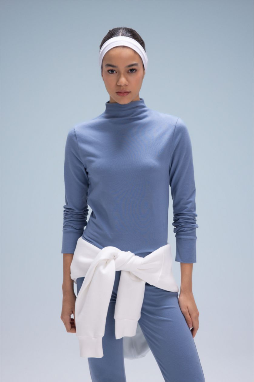 Woman Blue DeFactoFit Slim Fit High Collar Long Sleeve T-Shirt