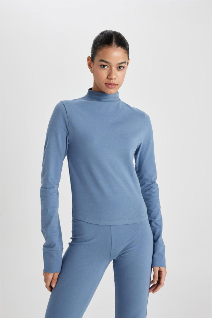 Woman Blue DeFactoFit Slim Fit High Collar Long Sleeve T-Shirt