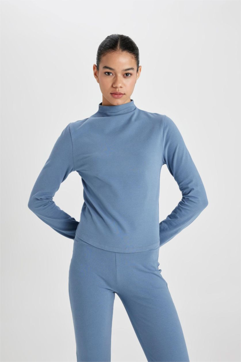 Woman Blue DeFactoFit Slim Fit High Collar Long Sleeve T-Shirt