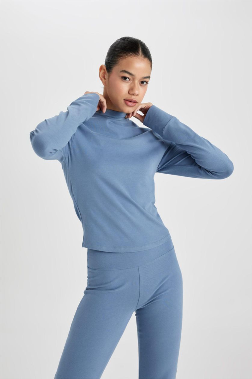 Woman Blue DeFactoFit Slim Fit High Collar Long Sleeve T-Shirt