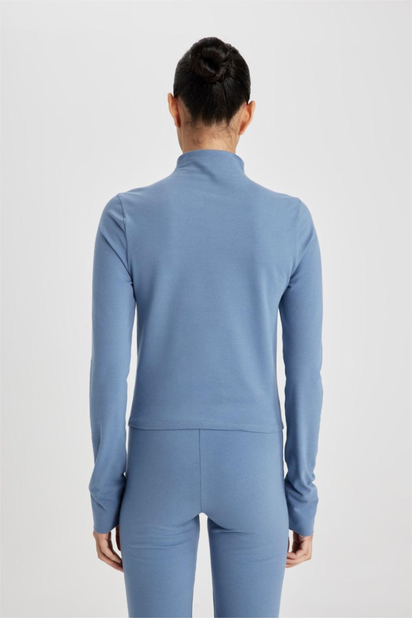 Woman Blue DeFactoFit Slim Fit High Collar Long Sleeve T-Shirt