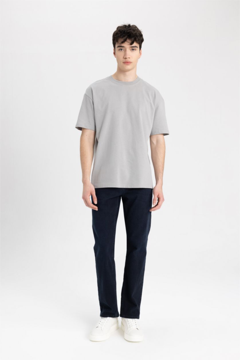 Erkek Gri Boxy Fit Bisiklet Yaka Kısa Kollu Basic Düz Tişört