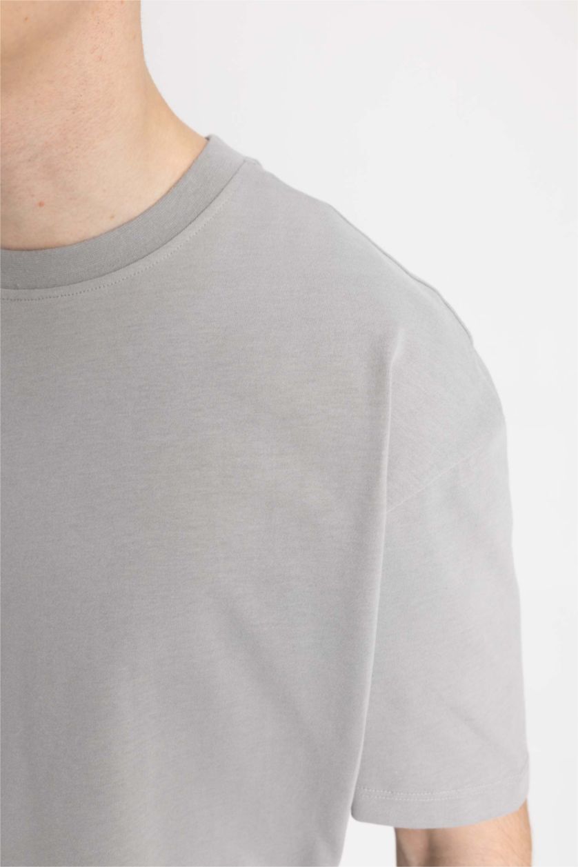 Erkek Gri Boxy Fit Bisiklet Yaka Kısa Kollu Basic Düz Tişört