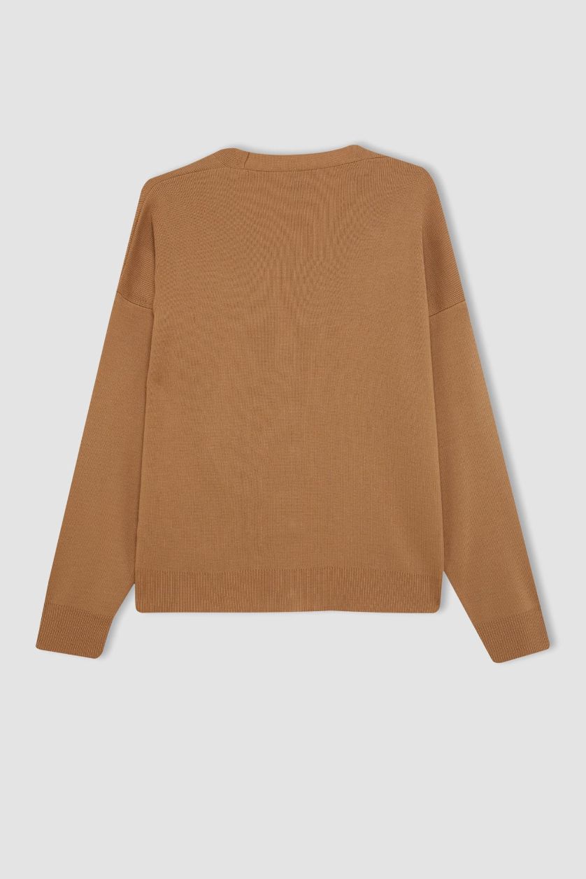 Kadın Bej Relax Fit V Yaka Basic Düz Düğmeli Triko Hırka