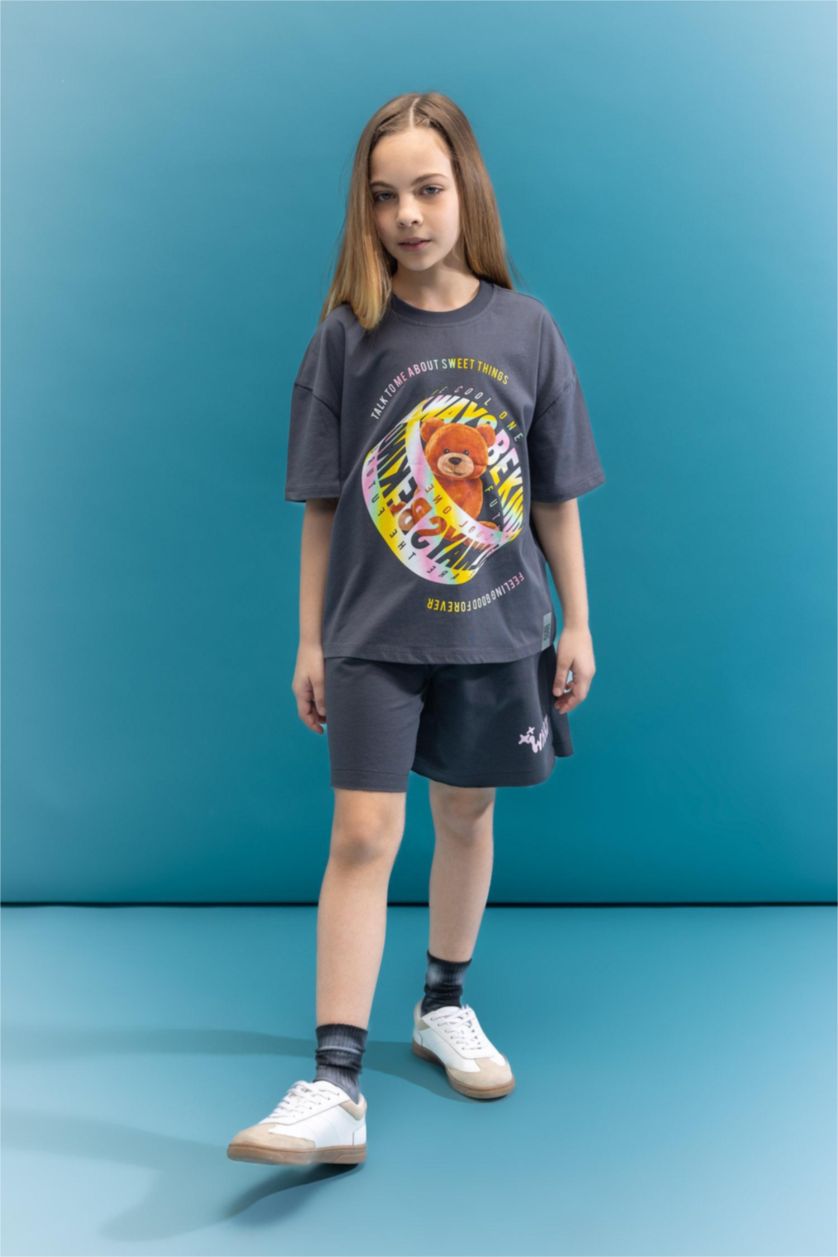 Kız Çocuk - Genç Kız Antrasit Baskılı Şort Kız Çocuk