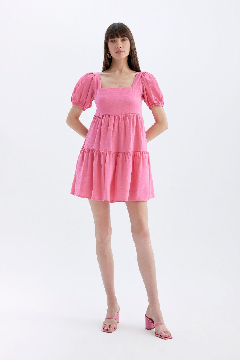 WOMAN Pink Babydoll Square Neck Short Sleeve Midi Dress