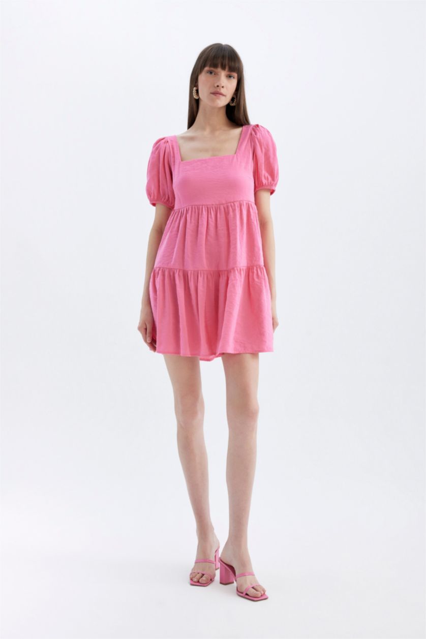 WOMAN Pink Babydoll Square Neck Short Sleeve Midi Dress