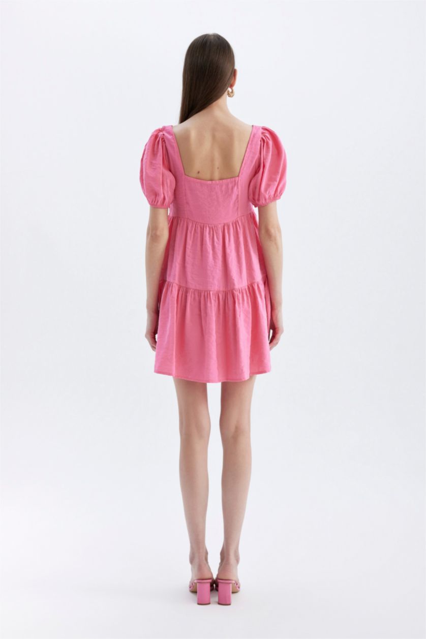 WOMAN Pink Babydoll Square Neck Short Sleeve Midi Dress