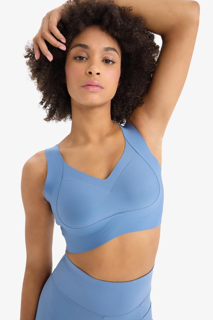 Женщины Светло-индиговый Спортивный бюстгальтер из плотной ткани с V-образным вырезом, Коллекция DeFactoFit