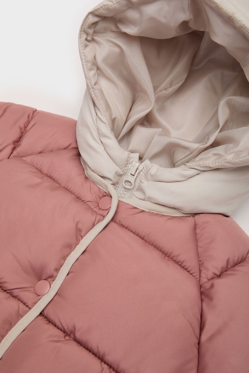 BABY GIRL Light Brown Baby Girl Windproof Hooded Zippered Puffer Jacket