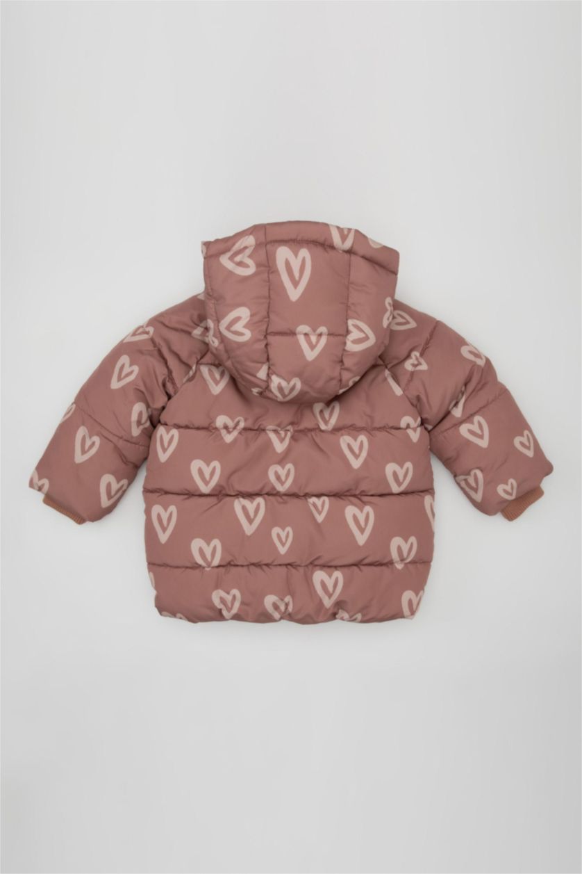 Kız Bebek Açık Kahve Kız Bebek Kapüşonlu Kalp Desenli Su Geçirmez Cep İçi Polarlı Şişme Mont