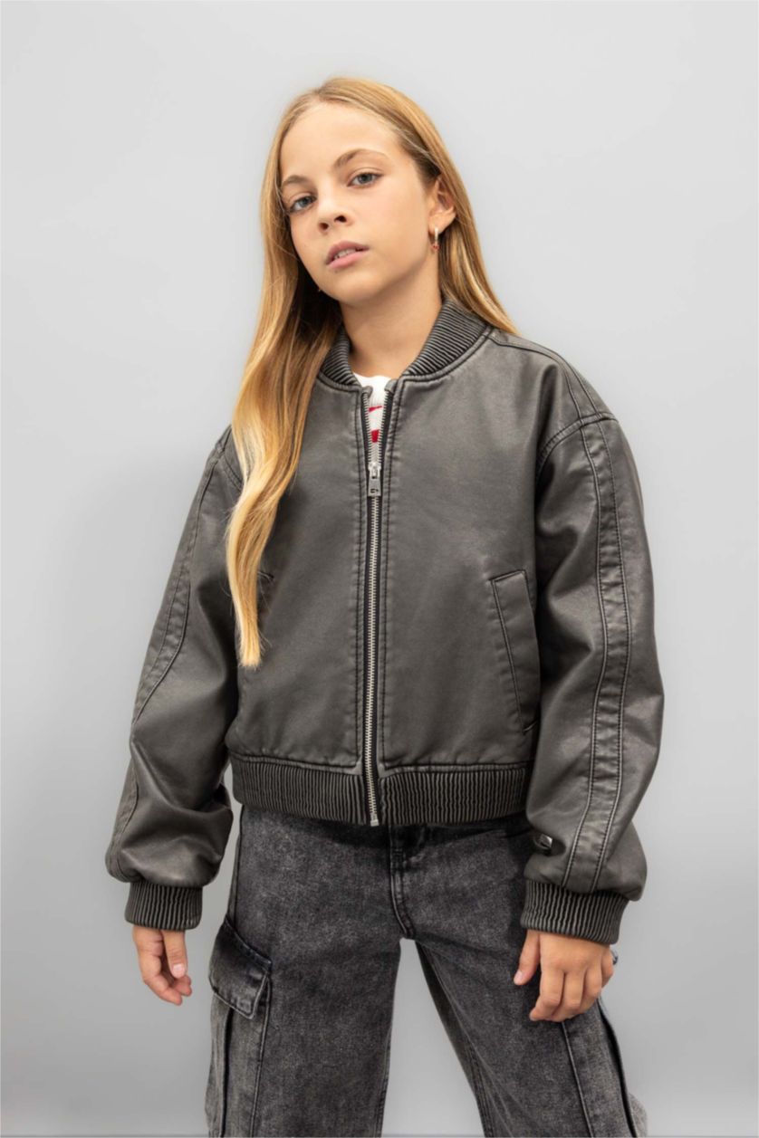 Girls & Teens Black Girl Waterproof Faux Leather Bomber Jacket