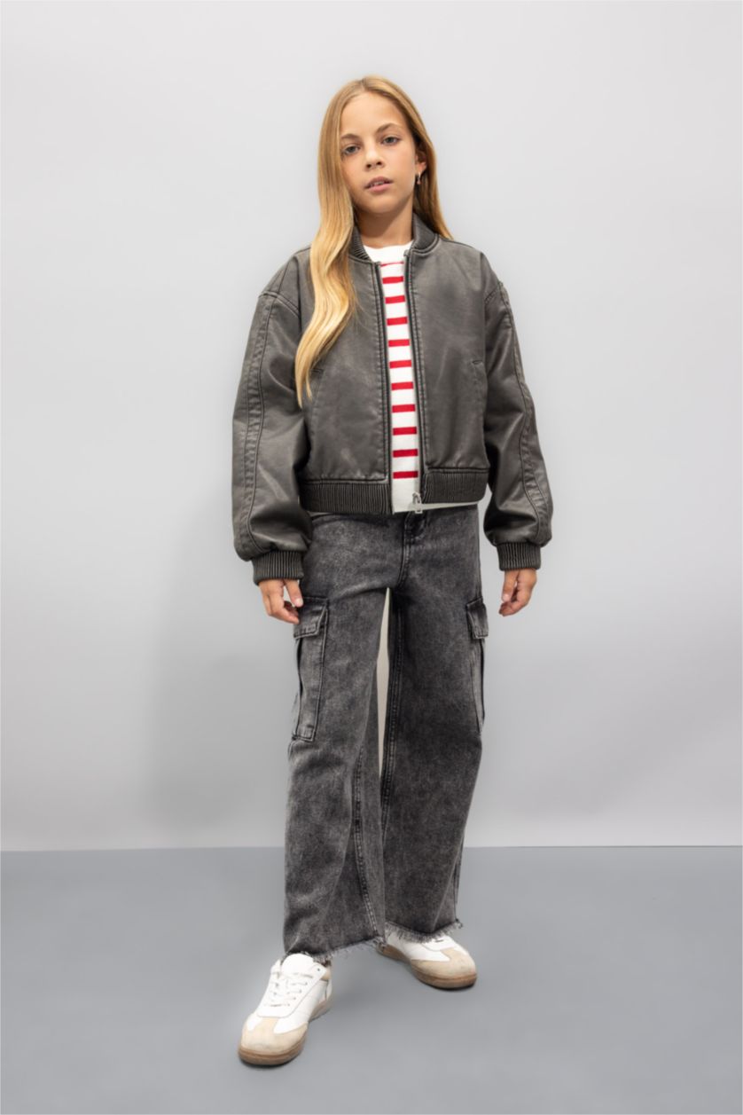 Girls & Teens Black Girl Waterproof Faux Leather Bomber Jacket