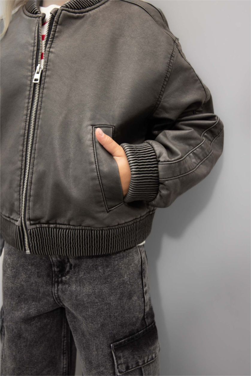 Girls & Teens Black Girl Waterproof Faux Leather Bomber Jacket