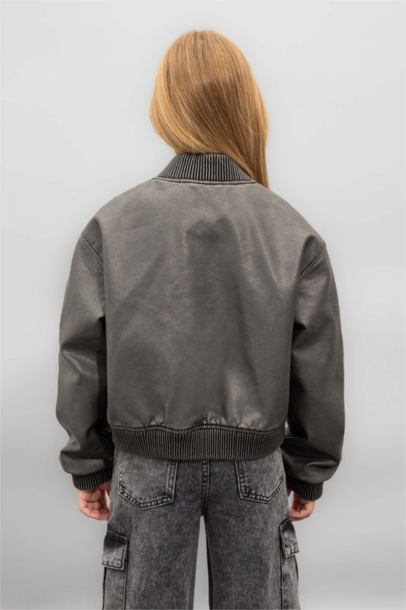 Girls & Teens Black Girl Waterproof Faux Leather Bomber Jacket