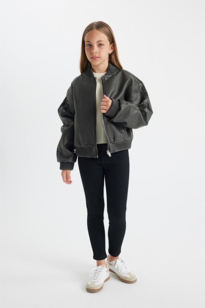 Girls & Teens Black Girl Waterproof Faux Leather Bomber Jacket