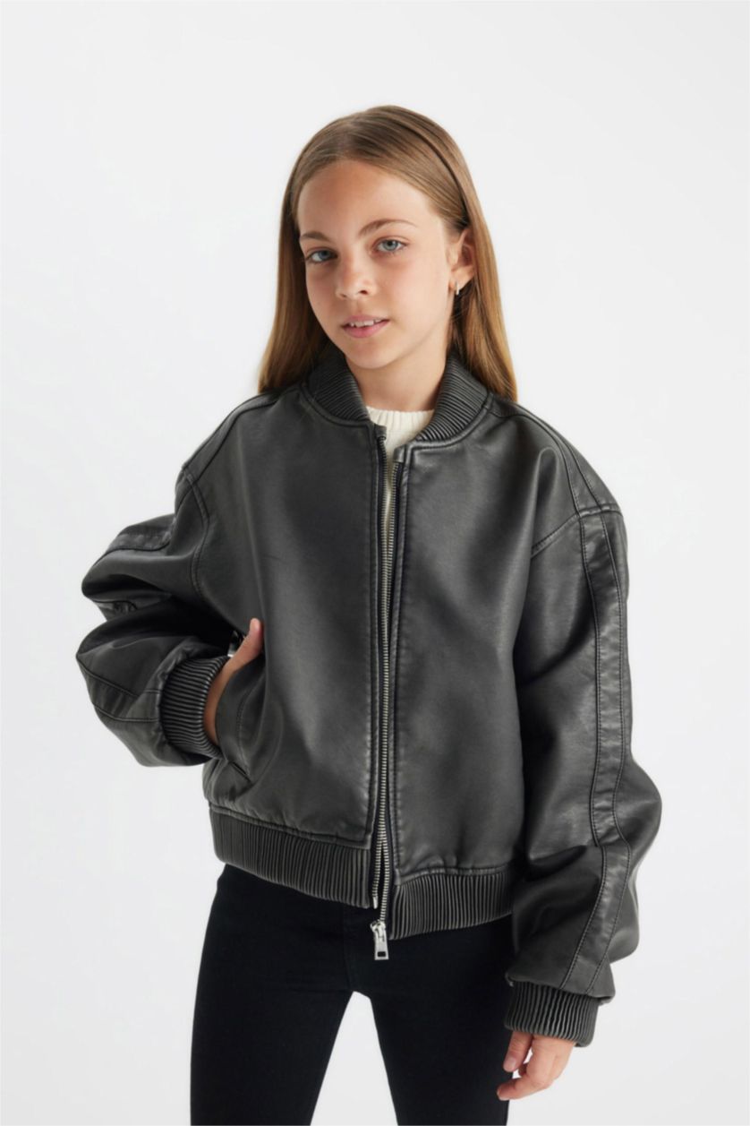 Girls & Teens Black Girl Waterproof Faux Leather Bomber Jacket
