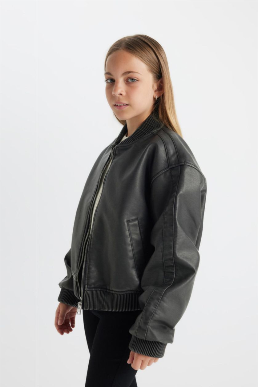 Girls & Teens Black Girl Waterproof Faux Leather Bomber Jacket