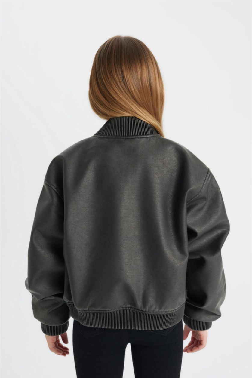 Girls & Teens Black Girl Waterproof Faux Leather Bomber Jacket