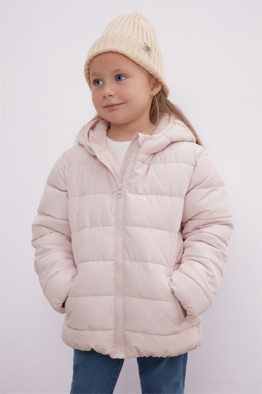 Kız Bebek Açık Pembe Su itici Beli Lastikli Kapüşonlu Fermuarlı Şişme Mont Kız Bebek