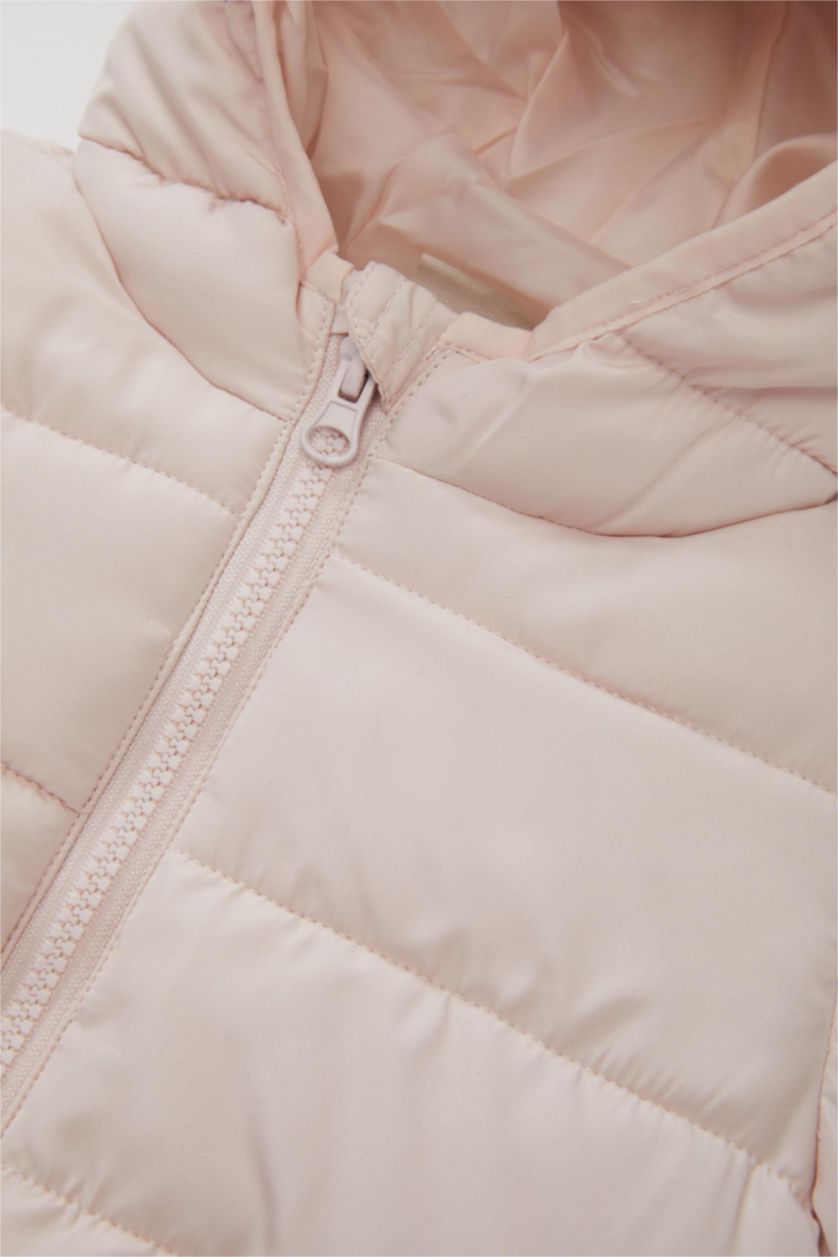 Kız Bebek Açık Pembe Su itici Beli Lastikli Kapüşonlu Fermuarlı Şişme Mont Kız Bebek