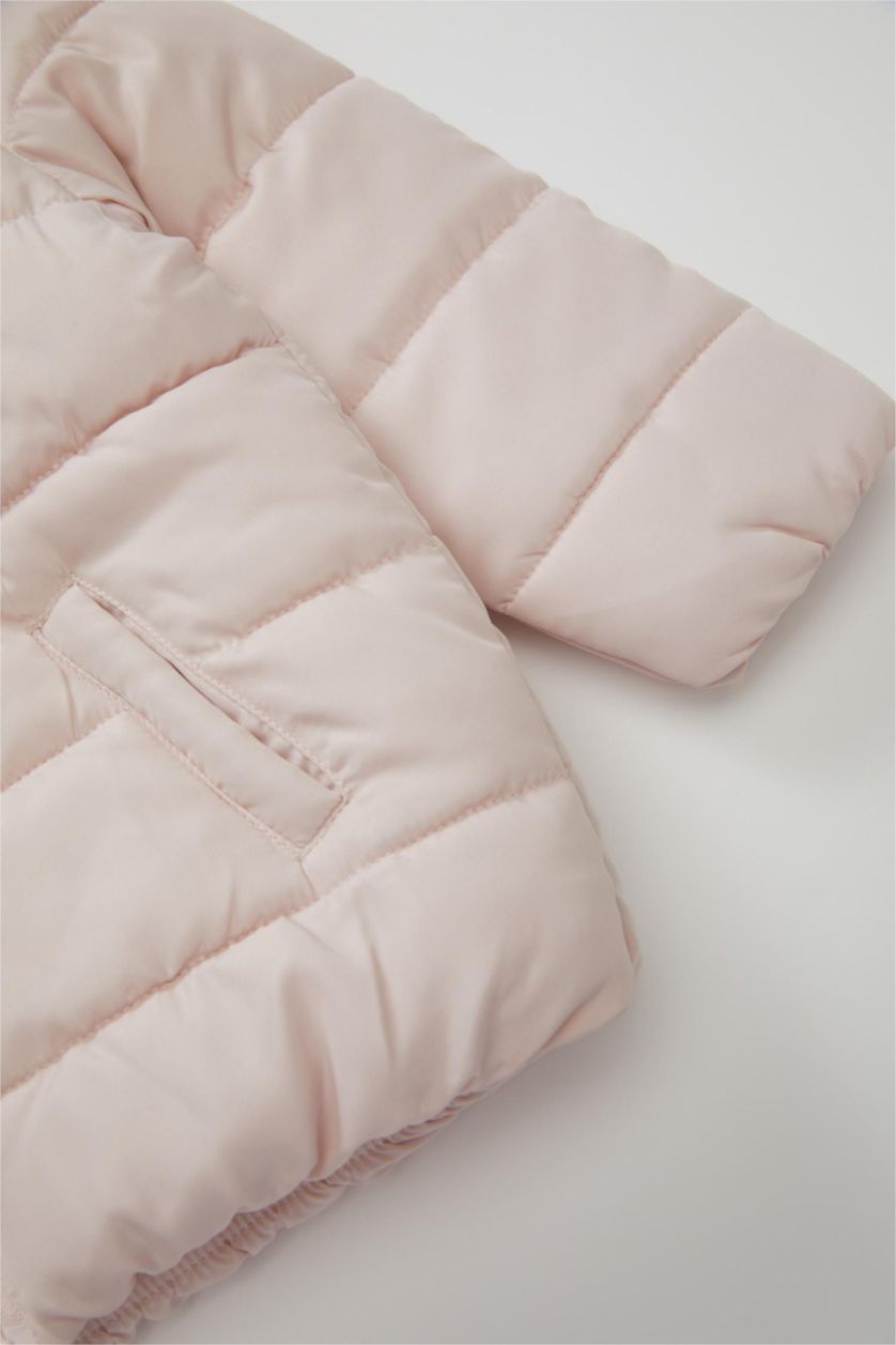 Kız Bebek Açık Pembe Su itici Beli Lastikli Kapüşonlu Fermuarlı Şişme Mont Kız Bebek