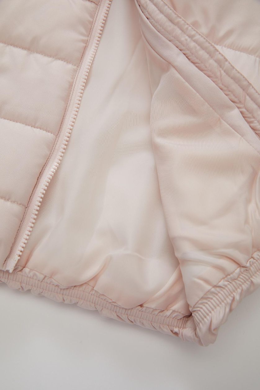 Kız Bebek Açık Pembe Su itici Beli Lastikli Kapüşonlu Fermuarlı Şişme Mont Kız Bebek