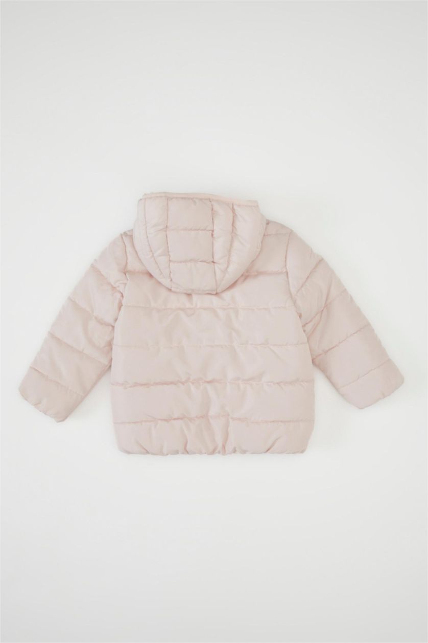 Kız Bebek Açık Pembe Su itici Beli Lastikli Kapüşonlu Fermuarlı Şişme Mont Kız Bebek