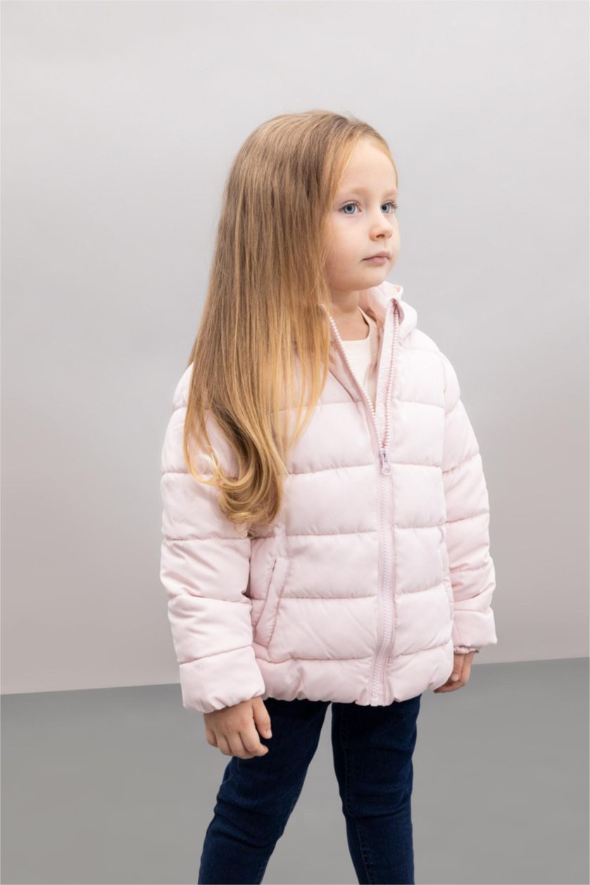 Kız Bebek Açık Pembe Su itici Beli Lastikli Kapüşonlu Fermuarlı Şişme Mont Kız Bebek