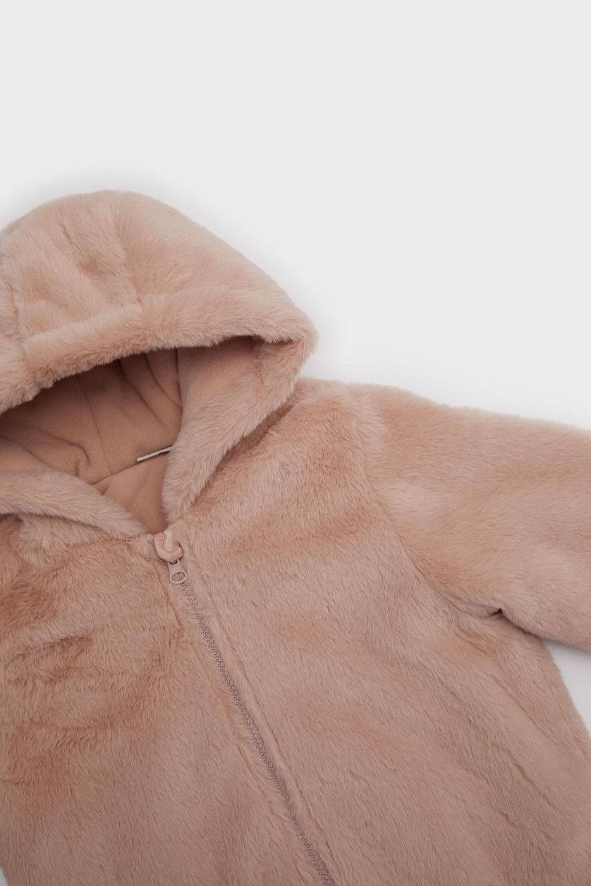 Kız Bebek Gülkurusu Kapüşonlu Fermuarlı Pelüş Mont Kız Bebek