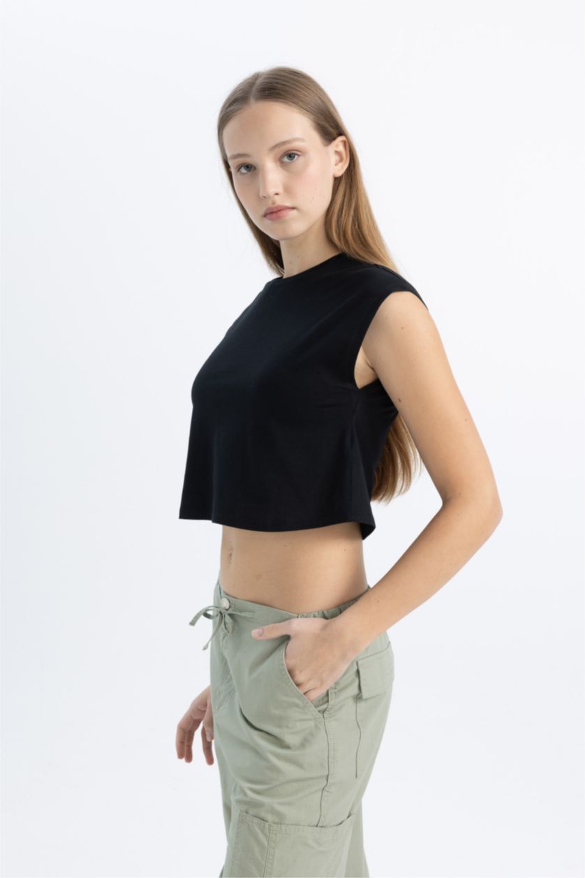 Kadın Siyah Coool Loose Fit Bisiklet Yaka Basic Düz Atlet